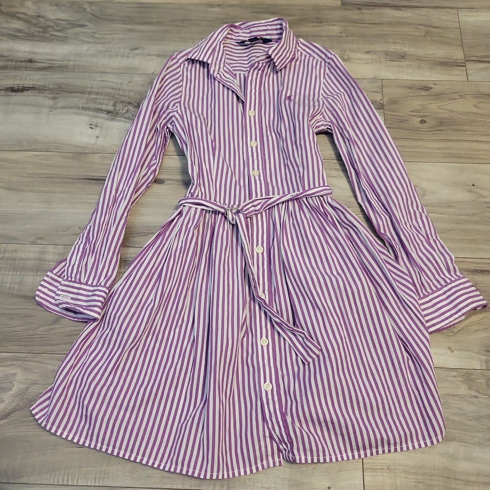Polo‎ Ralph Lauren Dress Girls 7 Purple White Striped Long Sleeve Button Pockets